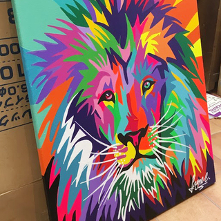 レイン・カラセド アクリル 絵画 本人肉筆 lion シャープなライオン 獅子 モダン カラフル グラフィック アフリカ 動物 猫科 15F