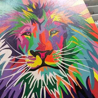 レイン・カラセド アクリル 絵画 本人肉筆 lion シャープなライオン 獅子 モダン カラフル グラフィック アフリカ 動物 猫科 15F