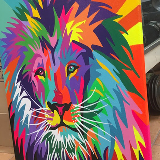 レイン・カラセド アクリル 絵画 本人肉筆 lion シャープなライオン 獅子 モダン カラフル グラフィック アフリカ 動物 猫科 15F