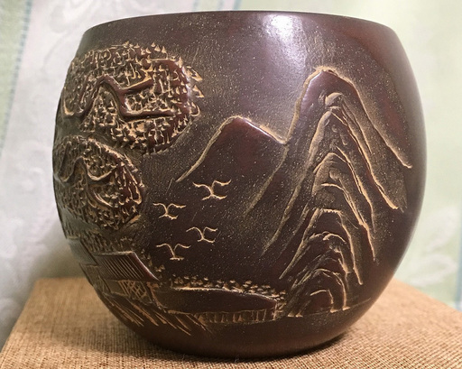 中国 欽陶居 湯飲み No.40 浮彫山水 禅定杯 紫泥 白泥 紫砂 茶壷 茶壺 欽州 ぐい飲み お猪口 ショットグラス 湯呑み