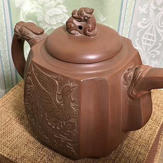 中国 欽陶居 急須 No.45 四方龍型 龍鳳 浮き彫り 紫泥 白泥 紫砂 茶壷 茶壺 欽州 エングレービング　浮彫 罫書き 鳳凰 雲龍