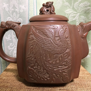 中国 欽陶居 急須 No.45 四方龍型 龍鳳 浮き彫り 紫泥 白泥 紫砂 茶壷 茶壺 欽州 エングレービング　浮彫 罫書き 鳳凰 雲龍