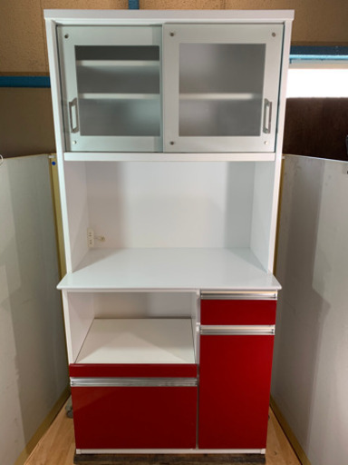 食器棚　キッチンボード　キャビネット　ホワイト　レッド　W880xD500xH1870mm