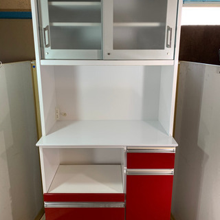 食器棚　キッチンボード　キャビネット　ホワイト　レッド　W880...