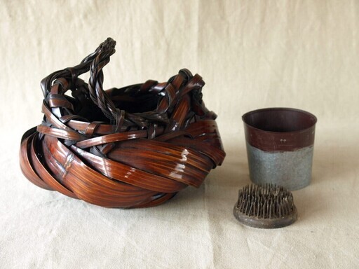 レア珍品！芸術美☆漆塗り竹編み花入れ25cm竹編籠【竹製 花器】天然竹