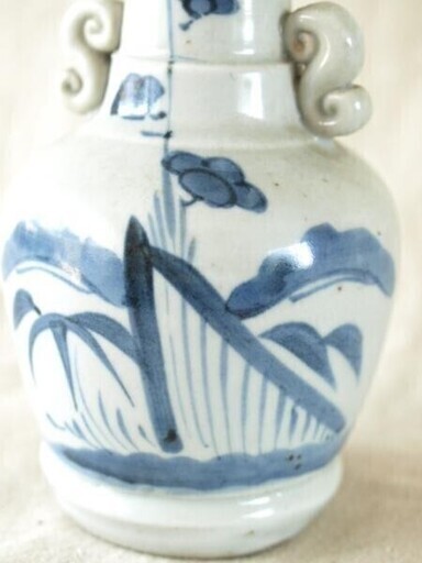 江戸時代☆古伊万里☆染付双耳仏花器20cm☆松竹梅図☆花入れ 華道 花道