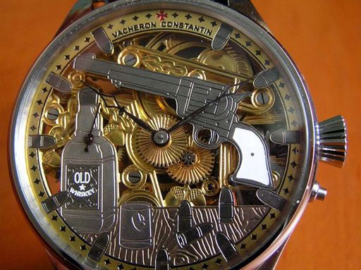 下取＆値引き交渉 1910年代 バセロンコンスタンチン懐中時計ムーブメント使用カスタム腕時計ガン＆ウイスキー フルスケルトン アンティーク