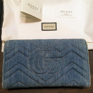 GUCCI 日本限定/デニム×パール/長財布/GGマーモント/ロングウォレット 
