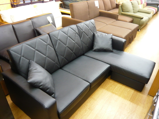 3人掛けソファ　L字ソファ　ロータイプ　合皮　黒　幅:182cm　札幌　西岡店