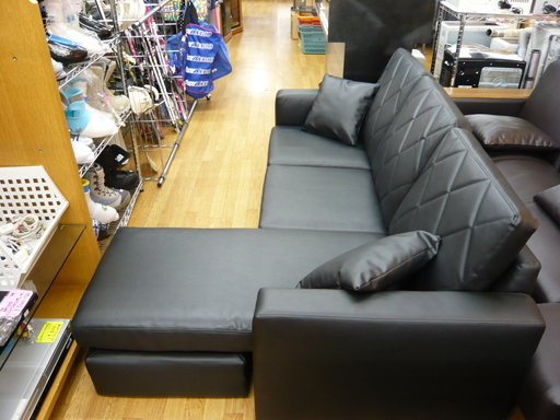 3人掛けソファ L字ソファ ロータイプ 合皮 黒 幅:182cm 札幌 西岡店