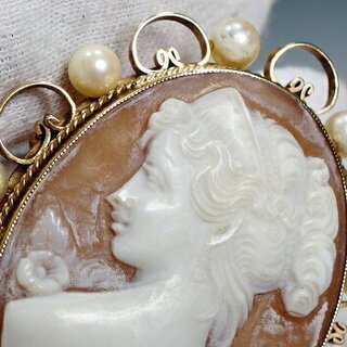 アンティーク ヴィンテージ パール K9 カメオ ブローチ 【中古】