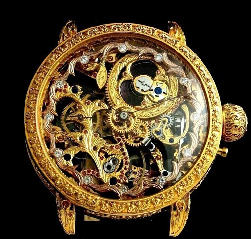 1908年 バセロンコンスタンチン懐中時計ムーブメント使用カスタム腕時計フルエングレービング フルスケルトン　アンティークビンテージ