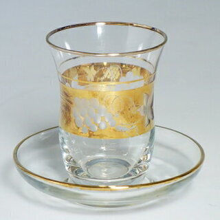 トルコガラス パサバチェ 金彩 葡萄文 チャイグラス ソーサー付き 6客
