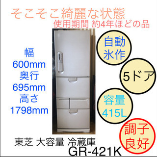 東芝 大容量 415L 5ドア 冷蔵庫 自動製氷機能付 GR-421K