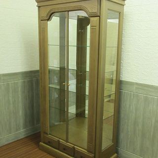 stp-0015　北海道工芸家具　フリーボード　バーベナ　飾り棚　ガラス棚　鏡　キュリオケース　ショーケース　ガラスキャビネット　食器棚　家具　ミラー付き　コレクションケース　収納　長谷川家具製作所
