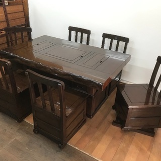 T7565☆美品☆無垢材鉄刀木タガヤサン☆囲炉裏ダイニング5点