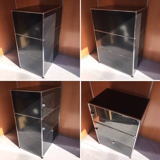 USM Haller ハラーシステム １列３段キャビネット ガラス扉×２＆ドロップダウンドア グラファイトブラック（黒色）