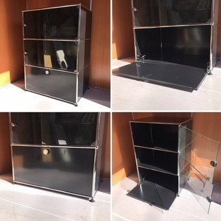 USM Haller ハラーシステム １列３段キャビネット ガラス扉×２＆ドロップダウンドア グラファイトブラック（黒色）