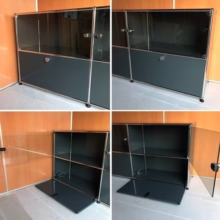 USM Haller ハラーシステム ２列２段キャビネット ガラス扉×２、ドロップダウンドア×２ アントラサイト（グレー） 