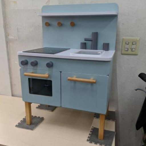 クッキングトイ おままごとキッチン 木製 ブルー色（展示品☆未使用品）