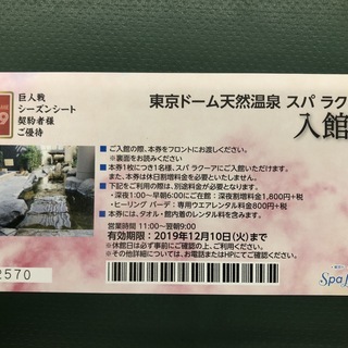 東京ドーム天然温泉　スパ　ラクーア　入館券