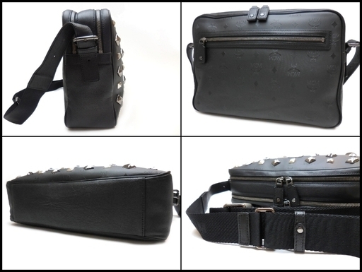 良品 MCM エムシーエム スタッズ ショルダーバッグ 黒 PVC
