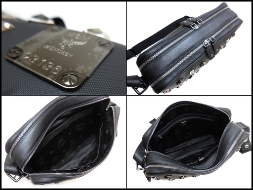 良品 MCM エムシーエム スタッズ ショルダーバッグ 黒 PVC