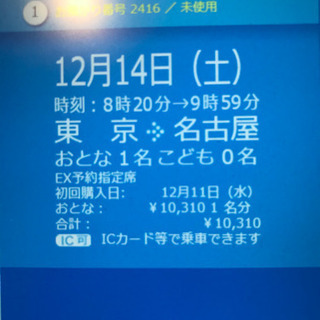 新幹線チケット　東京〜名古屋　指定席・年末年始可