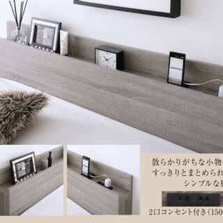 【未使用品】ダブルサイズ・すのこベッドフレーム・棚コンセント付き・ライトグレー・11537 