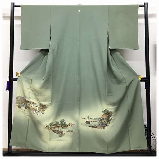 美品 特選 色留袖 刺繍画 身丈152 裄61 正絹 袷 一つ紋入り（グリーン）