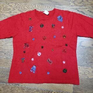 可愛いビーズ刺繍赤の半袖ニット