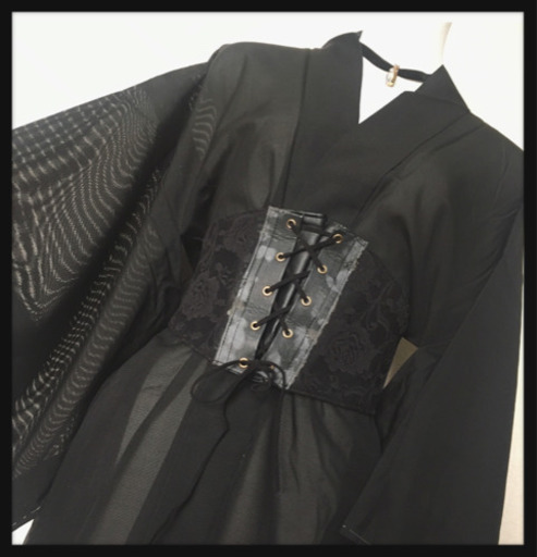 【未使用】シースルー黒羽織 家紋入り kimono  一点物 コスプレ ゴスロリ