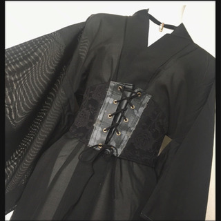 【未使用】シースルー黒羽織 家紋入り kimono  一点物 コスプレ ゴスロリ