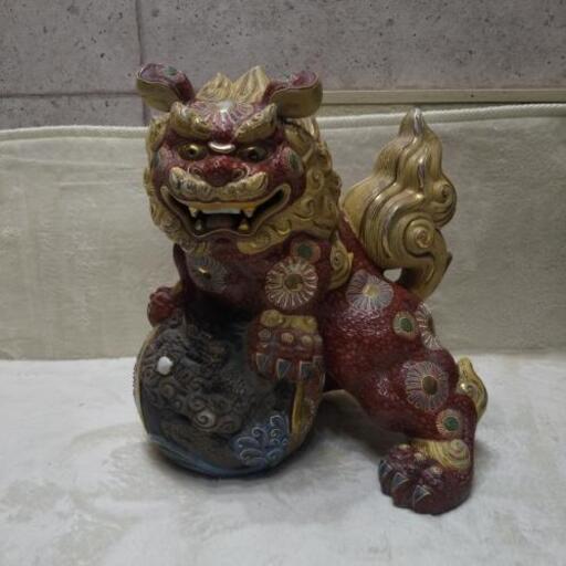 九谷焼 須栄義 玉獅子 金彩 色絵 龍玉 一対 狂犬 魔除け 縁起物 高さ約30cm