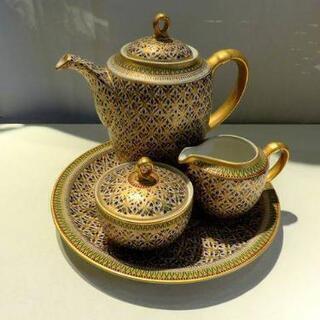 タイ王室御用達 ベンジャロン焼き カップ&ソーサー トレー ポット クリーマー シュガーポット 16点セット 伝統工芸