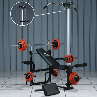 ベンチ、ダンベル、バーベル、ケーブルプルダウン、プレート合計90kg