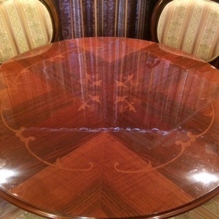 オシャレなイタリア製ダイニングセット／丸テーブル象嵌／猫脚チェア4脚