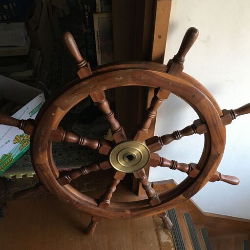 船舶 木製 ラット 操舵輪 真鍮 軸 大型 レトロ アンティーク ハンドル　直径約90センチ