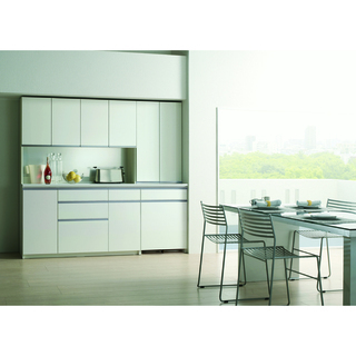 【超美品‼️】【新品　未使用】定価20万♪ 高級 パモウナ 160cm幅キッチンボード 食器棚 収納家具 4段引出し 鏡面仕上げホワイト♪