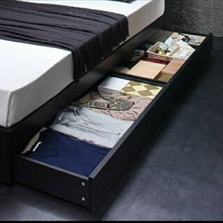 マットレス付き【未使用・訳アリ】セミダブル・２杯収納・棚コンセント付きフロアベッド・ブラック・12699