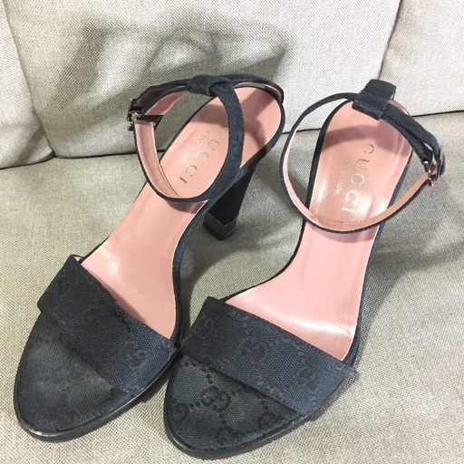 GUCCI グッチ 黒GGキャンバス ハイヒール パンプス 34 1/2 C アンクルストラップ