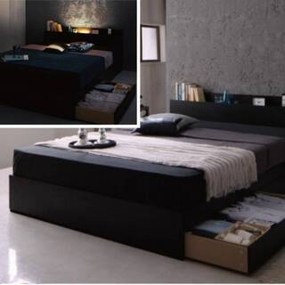 マットレス付き【未使用・訳アリ】ダブル・照明付き・２杯収納・棚コンセント付きベッド・ブラック・1023