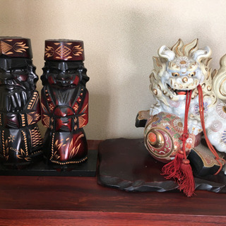 九谷焼 獅子 置物とアイヌ木彫りセット
