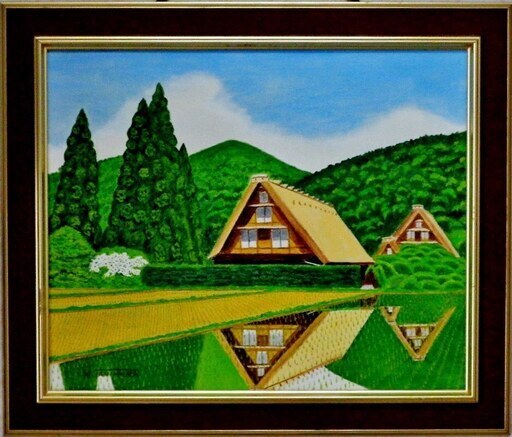 ★初春の白川郷・谷村一男作・肉筆油彩画・4つ切・新品額付
