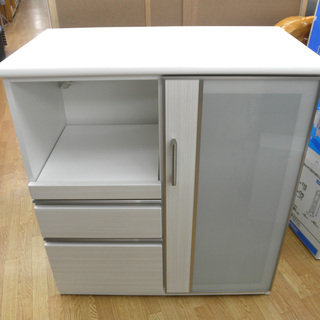 ミドルレンジボード キッチンボード 幅90cm 白×ベージュ エナメル調  食器棚 レンジボード　西岡店