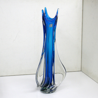 ガラス花瓶 高さ43cm ブルー 青 硝子 ライン入り 羽根付き...