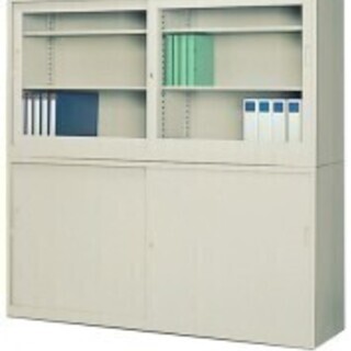 美品　ガラス引戸＋スチール引戸キャビネット 書庫上下セット 鍵付き