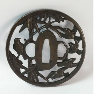 c629 刀の鍔 銅製 銅鍔 透かし 透鍔 透鐔 日本刀の鍔 武具 木箱入り