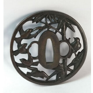 c629 刀の鍔 銅製 銅鍔 透かし 透鍔 透鐔 日本刀の鍔 武具 木箱入り