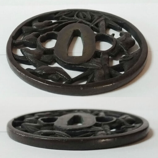 c629 刀の鍔 銅製 銅鍔 透かし 透鍔 透鐔 日本刀の鍔 武具 木  